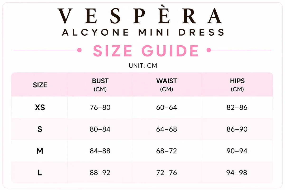 Vespera Alcyone Mini Dress Size Guide