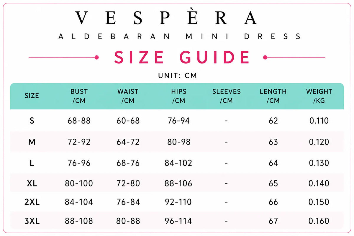 Vespera Aldebaran Mini Dress Size Guide