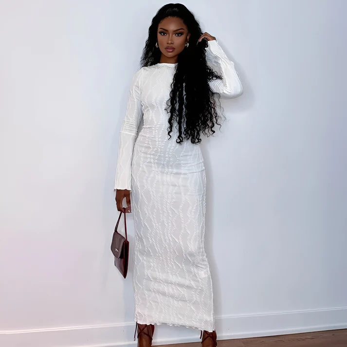 Model wearing Aleisha Maxi Dress – slim casual floor-length cotton-blend sheath by Vespera The Label.