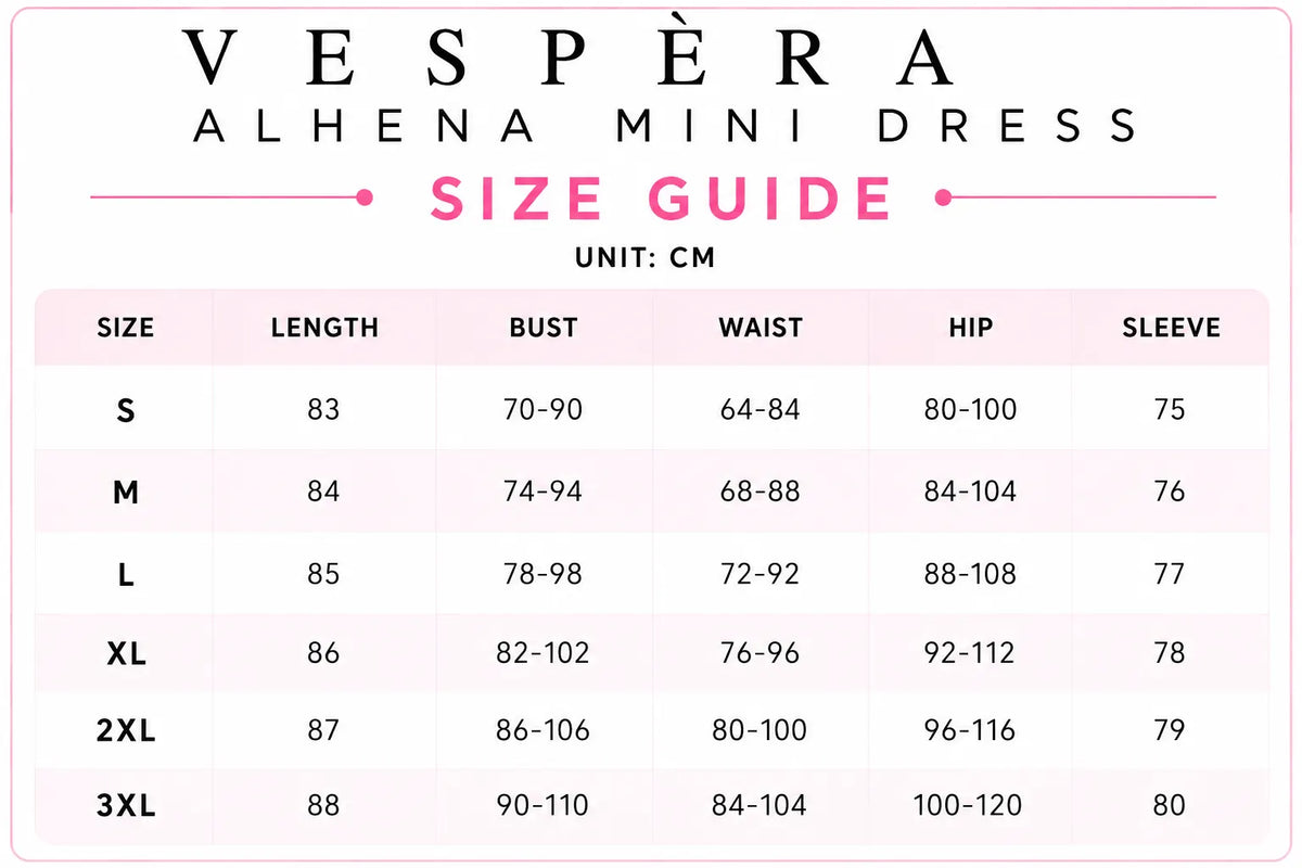 Vespera Alhena Mini Dress Size Guide
