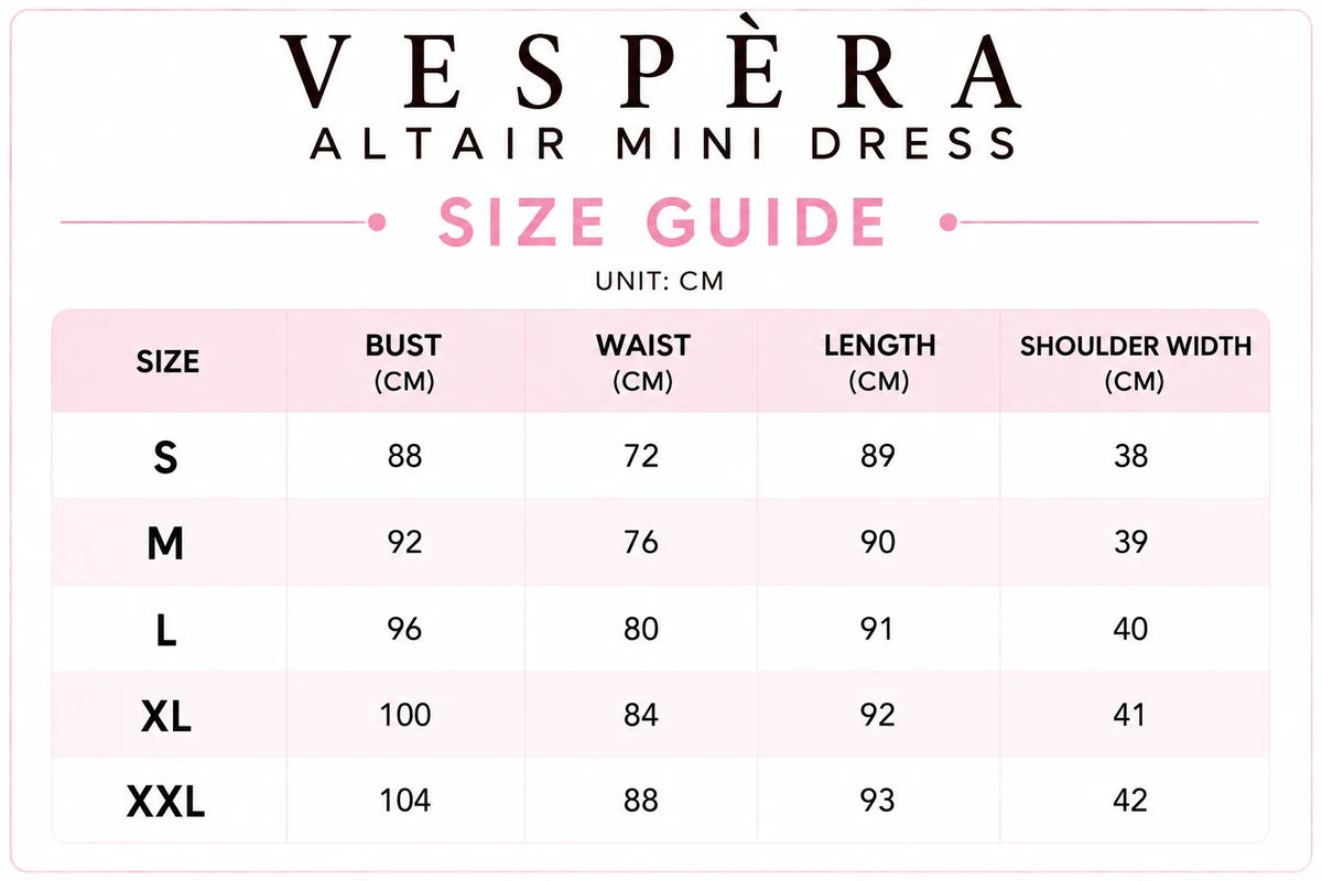 Vespera Altair Mini Dress Size Guide