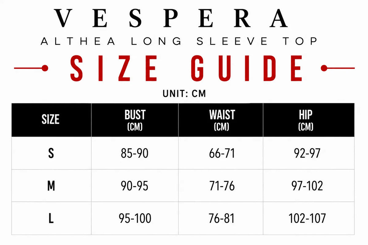 Vespera Althea Long Sleeve Top Size Guide