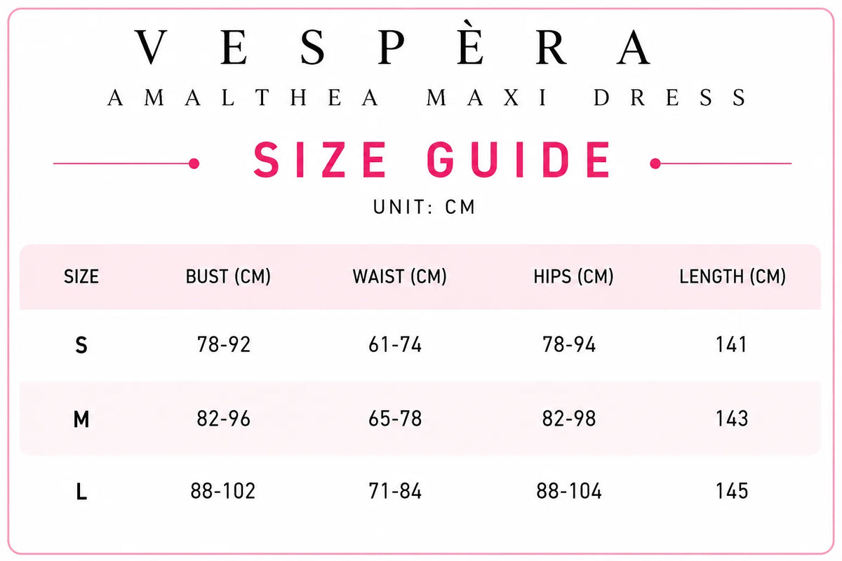Vespera Amalthea Maxi Dress Size Guide