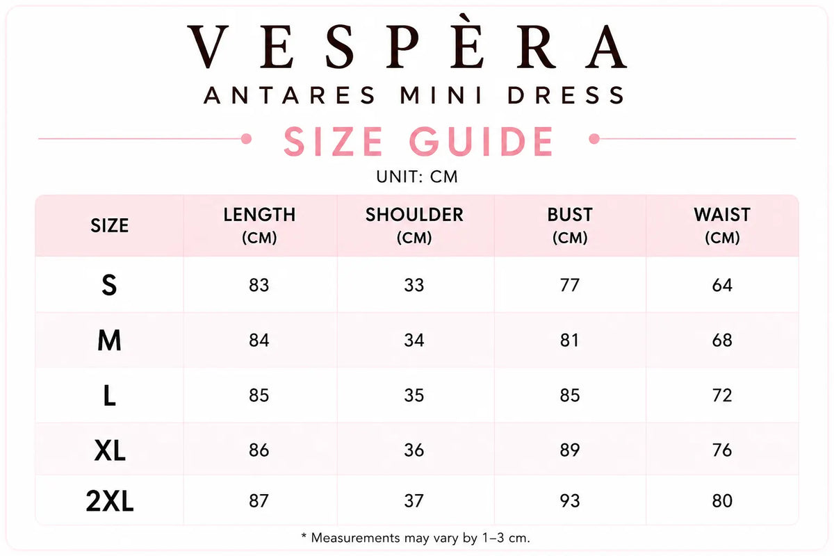 Vespera Antares Mini Dress Size Guide