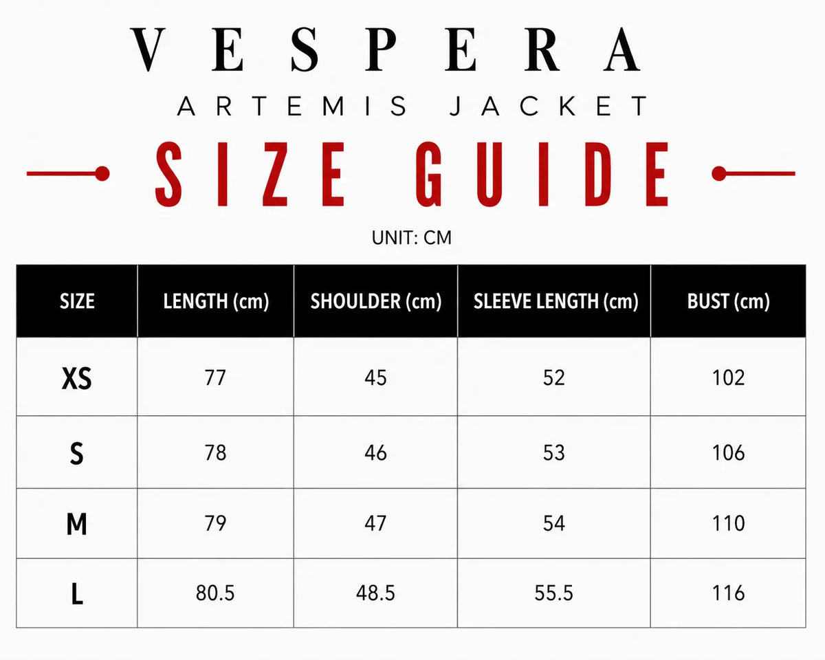 Vespera Artemis Jacket Size Guide