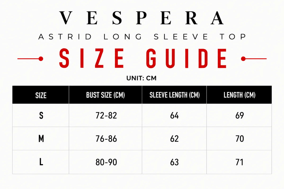 Vespera Astrid Long Sleeve Top Size Guide