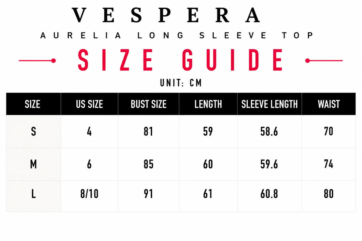 Vespera Aurelia Long Sleeve Top Size Guide