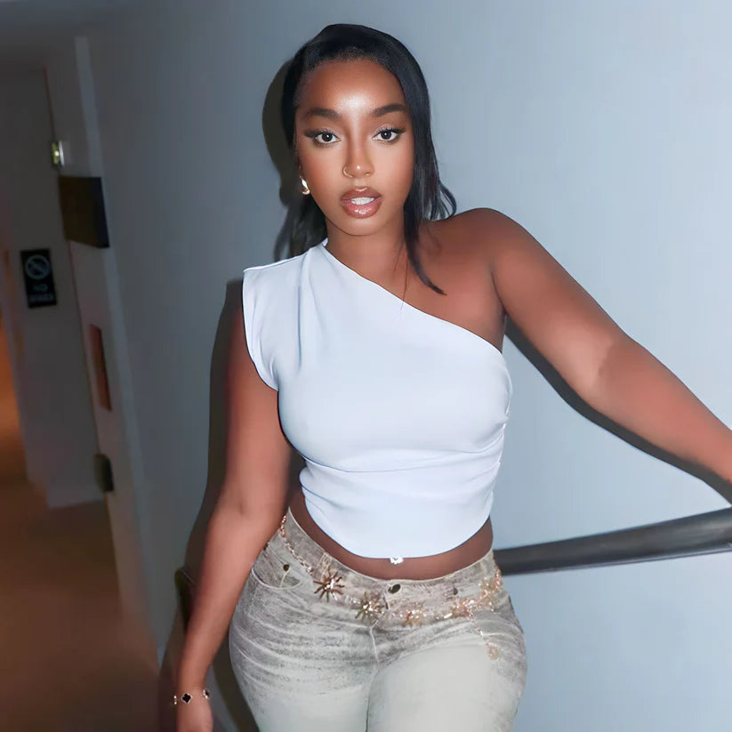 Model wearing Vespera Auren Top – high-stretch everyday casual cropped top by Vespera The Label.