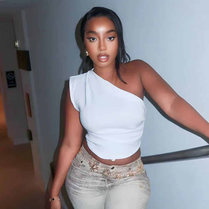 Model wearing Vespera Auren Top – high-stretch everyday casual cropped top by Vespera The Label.