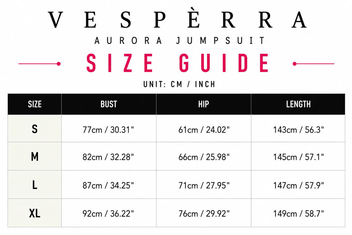 Vespera Aurora Jumpsuit Size Guide