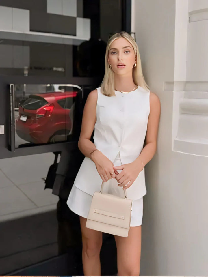 Model wearing Vespera Aven Top  – slim fit top and shorts summer co-ord in classic solid style, by Vespera The Label