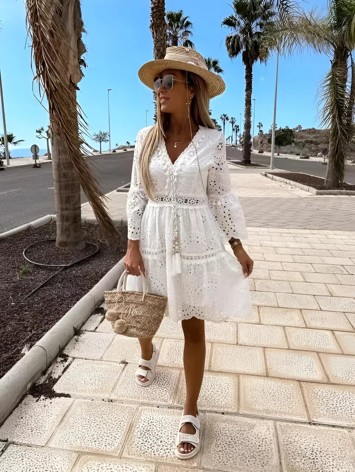 Model wearing Vespera Bellatrix Mini Dress – casual cotton A-line mini dress with breathable stretch by Vespera The Label.