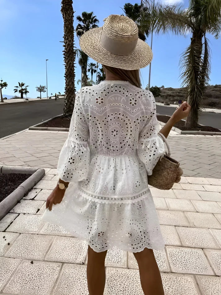 Model wearing Vespera Bellatrix Mini Dress – casual cotton A-line mini dress with breathable stretch by Vespera The Label.