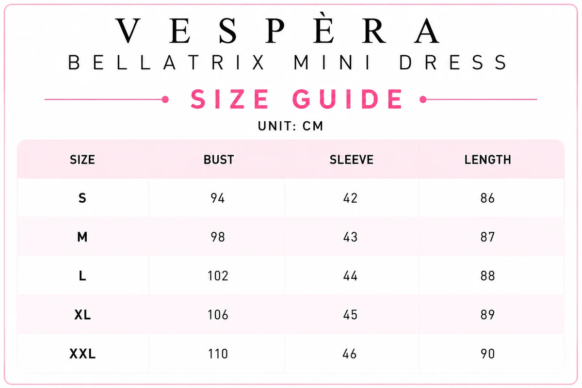 Vespera Bellatrix Mini Dress Size Guide