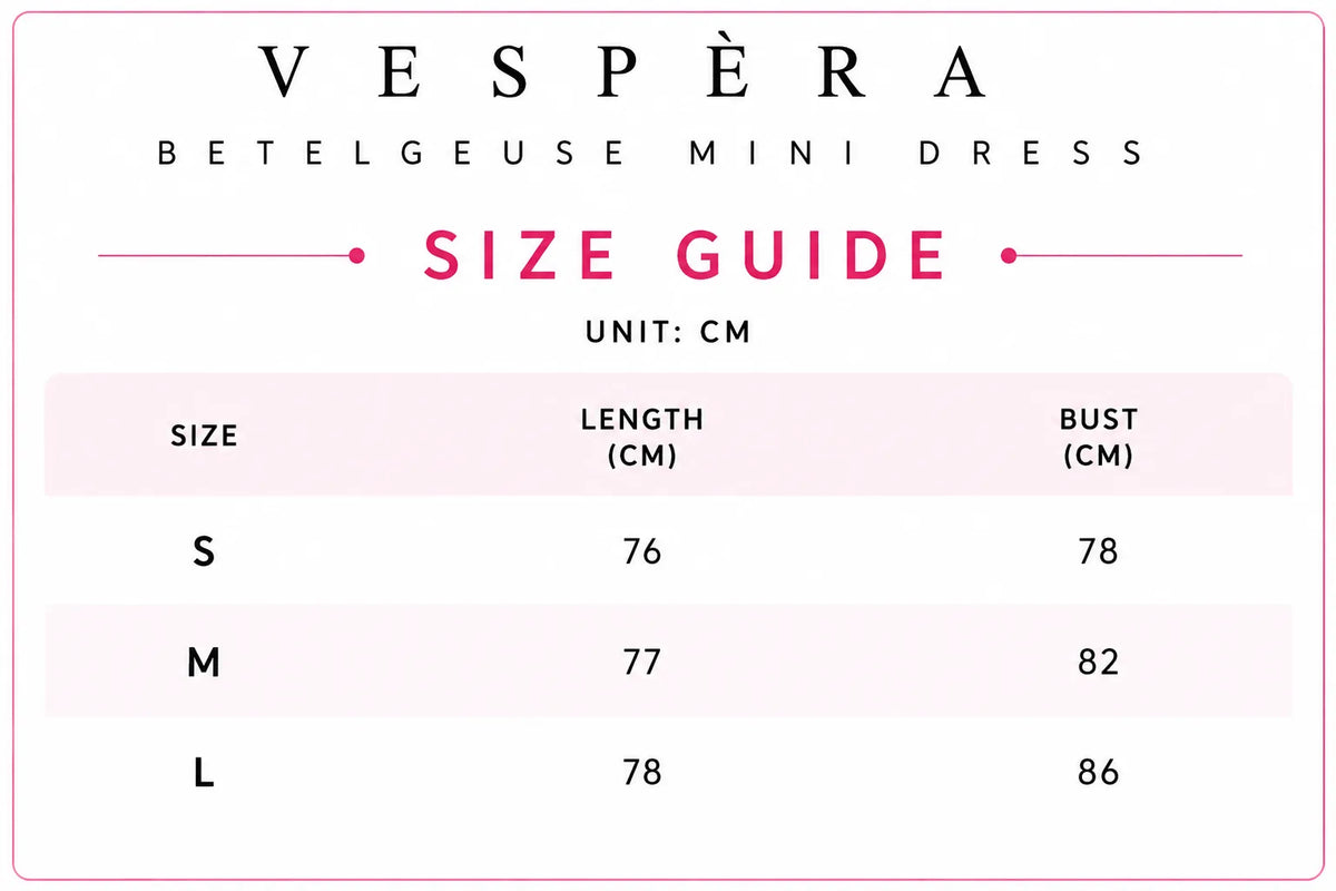 Vespera Betelgeuse Mini Dress Size Guide