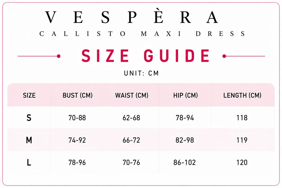 Vespera Callisto Maxi Dress Size Guide