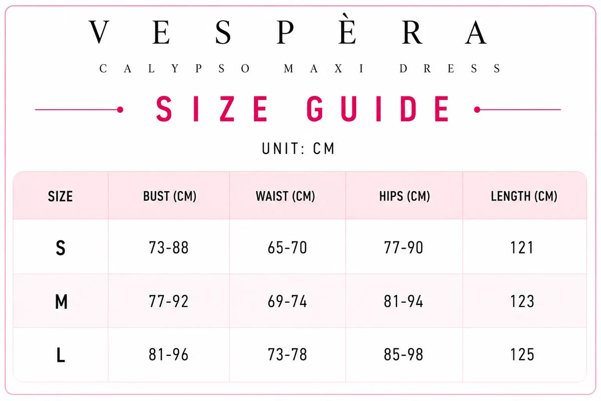 Vespera Calypso Maxi Dress Size Guide