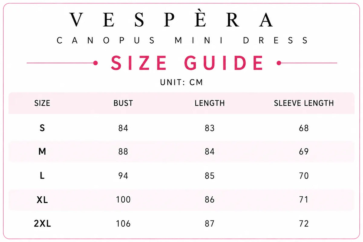 Vespera Canopus Mini Dress Size Guide
