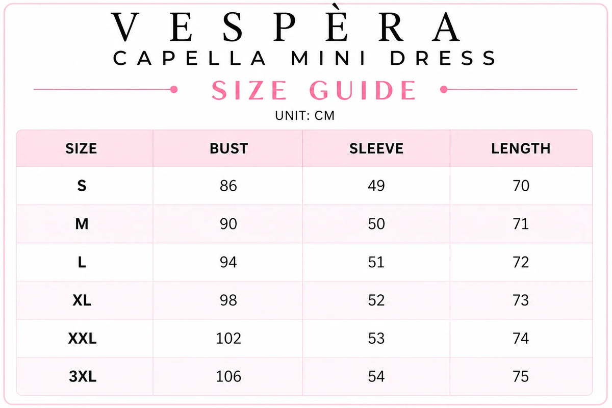 Vespera Capella Mini Dress Size Guide