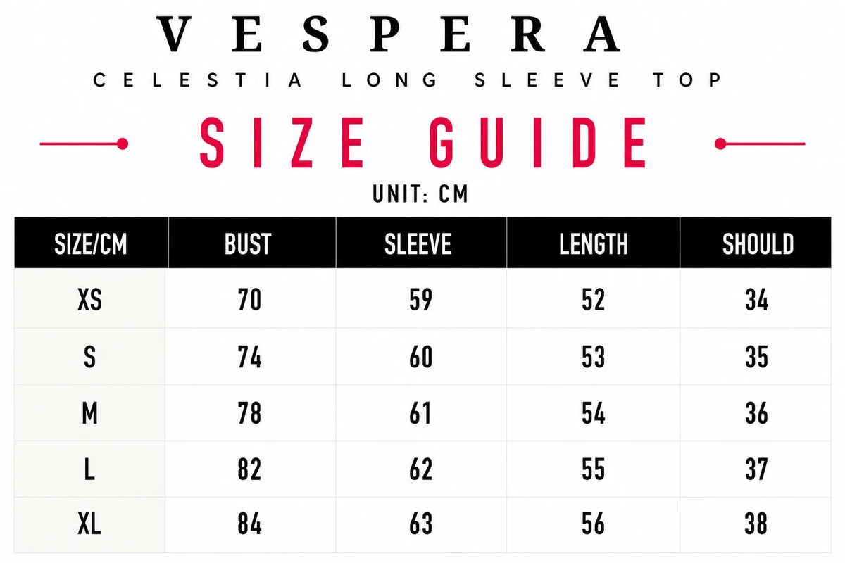 Vespera Celestia Long Sleeve Top Size Guide