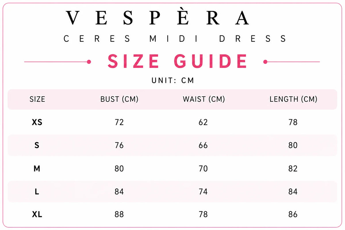 Vespera Ceres Midi Dress Size Guide
