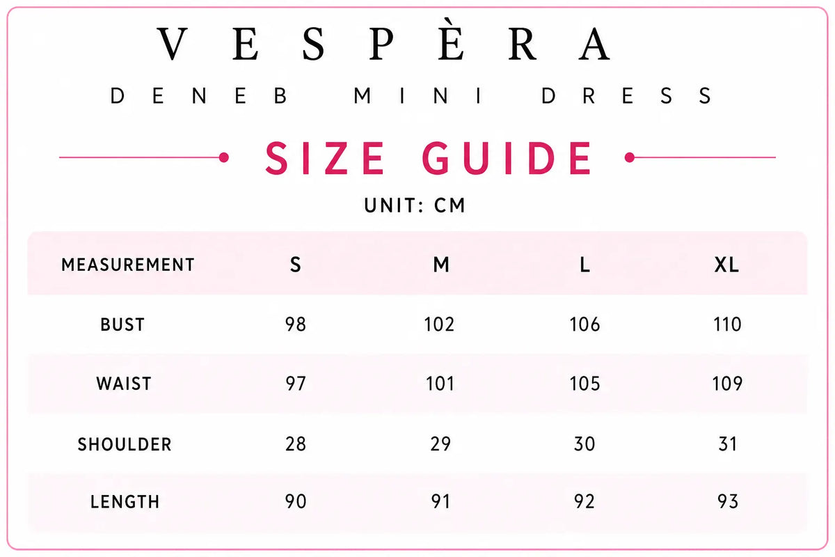 Vespera Deneb Mini Dress Size Guide