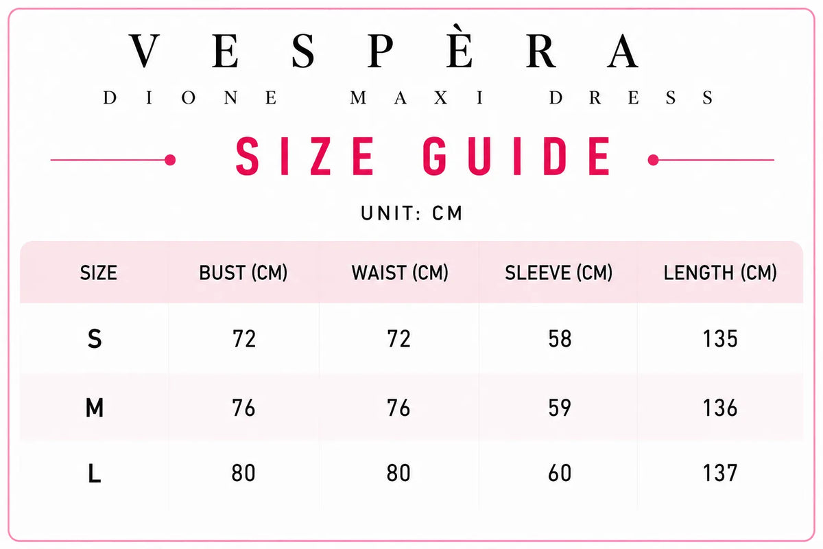 Vespera Dione Maxi Dress Size Guide