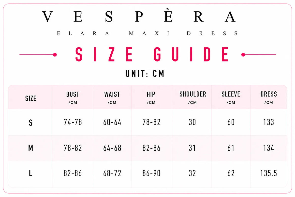 Vespera Elara Maxi Dress Size Guide