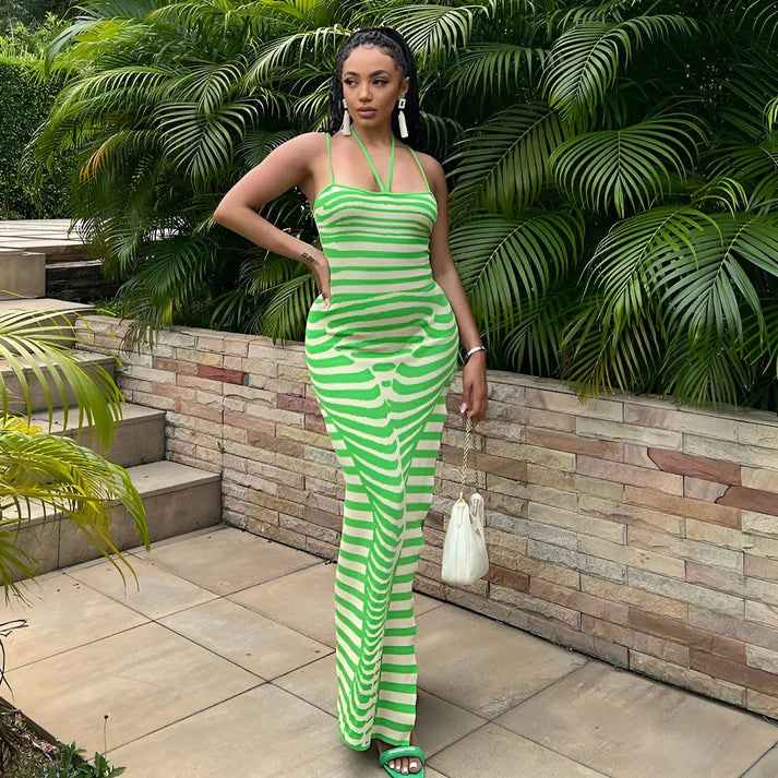 Model wearing Vespera Enceladus Maxi Dress – striped sheath maxi with slim summer fit by Vespera The Label.