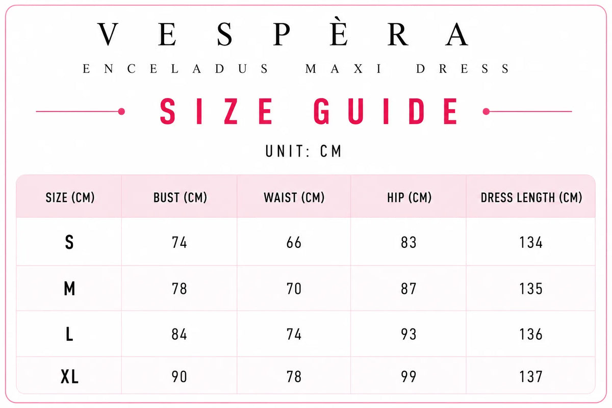Vespera Enceladus Maxi Dress Size Guide