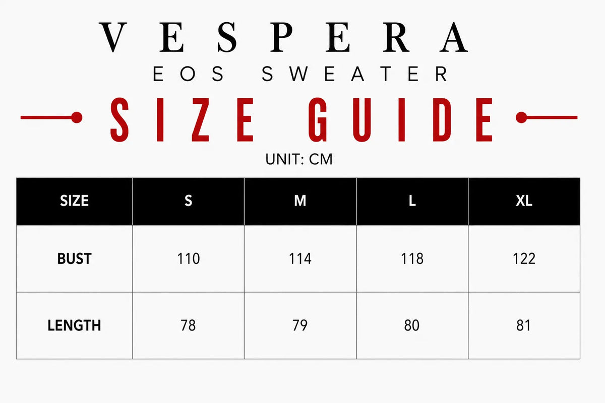 Vespera Eos Sweater Size Guide