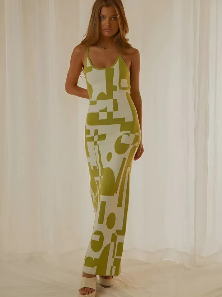 Model wearing Vespera Epimetheus Maxi Dress – slim fit printed office-ready summer maxi by Vespera The Label.