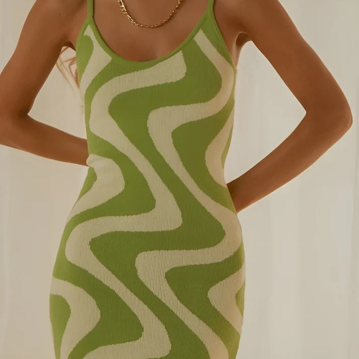 Model wearing Vespera Epimetheus Maxi Dress – slim fit printed office-ready summer maxi by Vespera The Label.