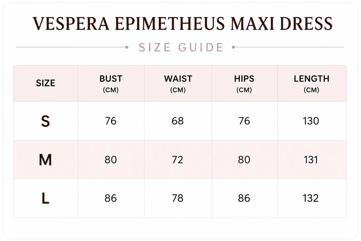 Vespera Epimetheus Maxi Dress Size Guide