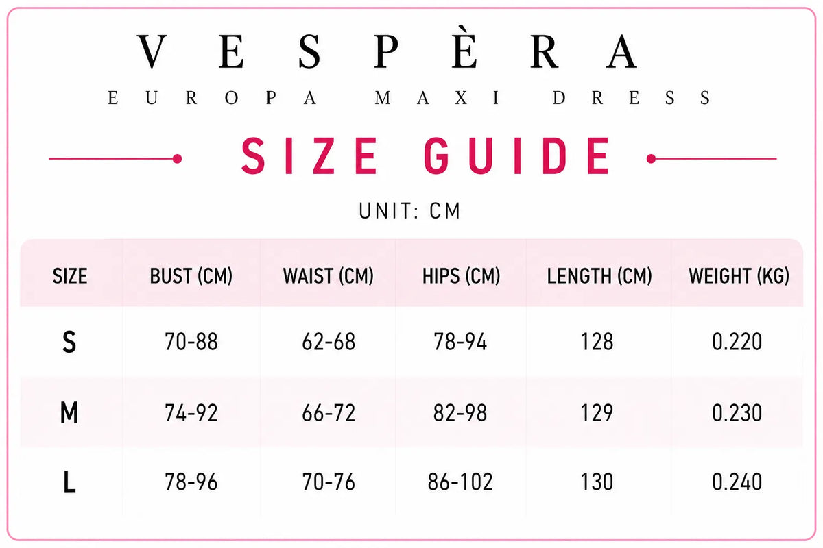 Vespera Europa Maxi Dress Size Guide