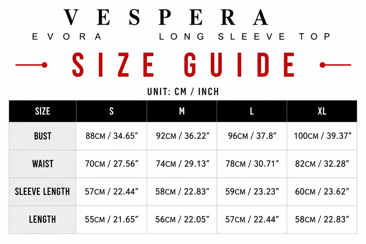 Vespera Evora Long Sleeve Top Size Guide