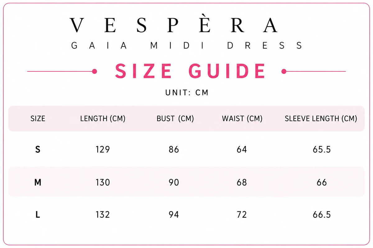 Vespera Gaia Midi Dress Size Guide