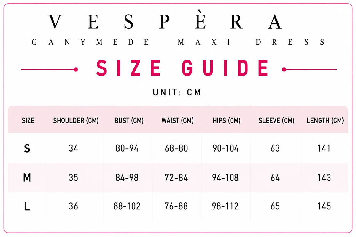 Vespera Ganymede Maxi Dress Size Guide