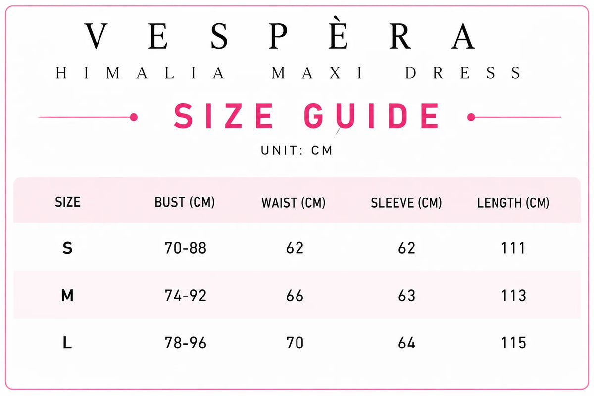Vespera Himalia Maxi Dress Size Guide