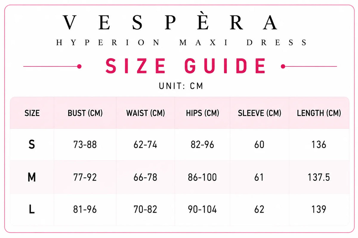 Vespera Hyperion Maxi Dress Size Guide
