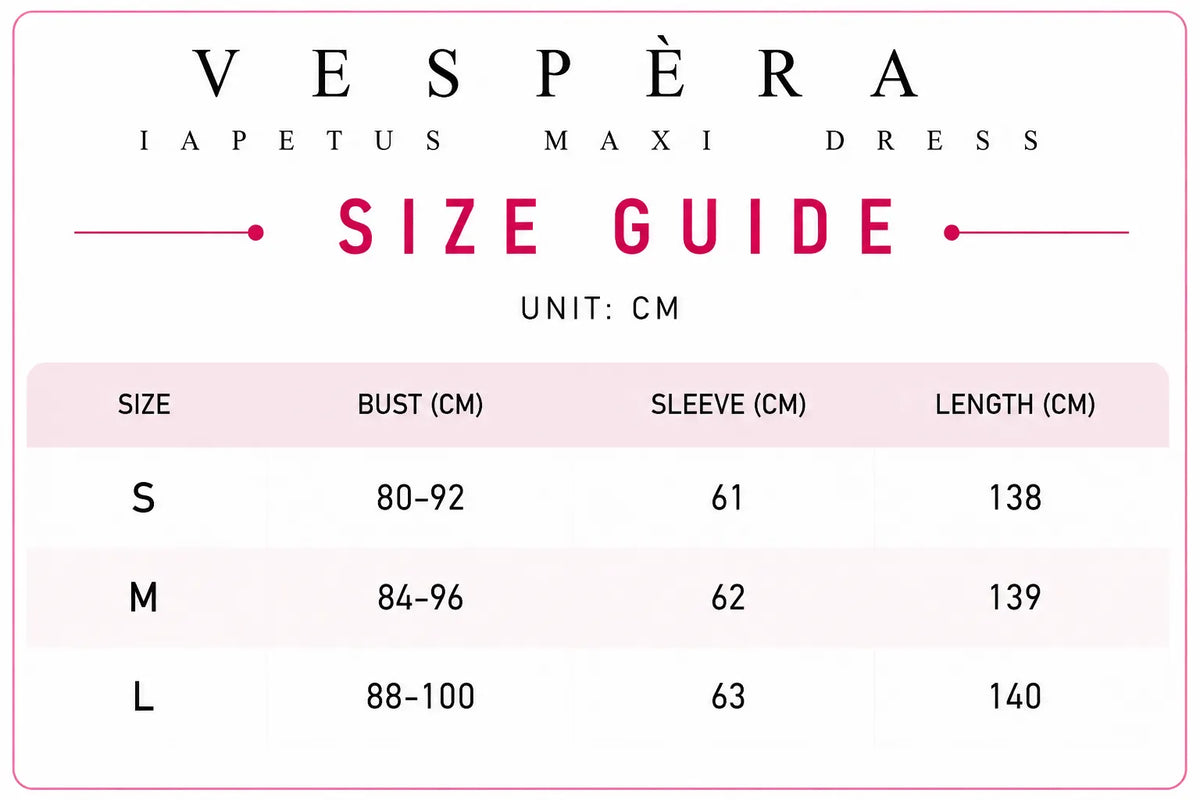 Vespera Iapetus Maxi Dress Size Guide