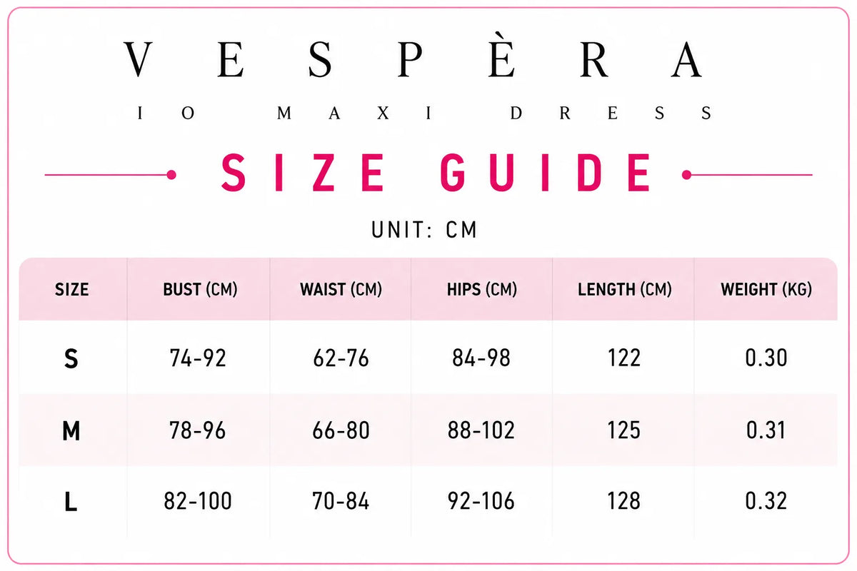 Vespera Io Maxi Dress Size Guide