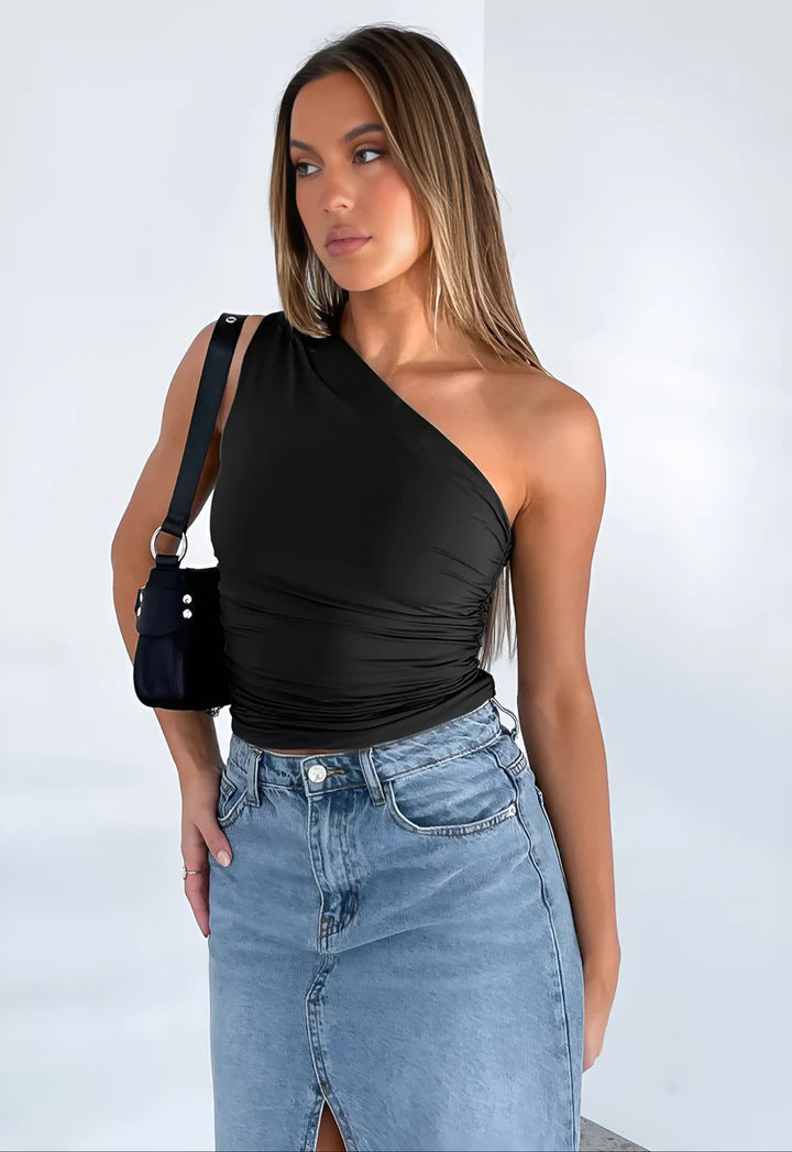 Model wearing Vespera Isola Top – medium stretch everyday polyester blend top by Vespera  The Label.