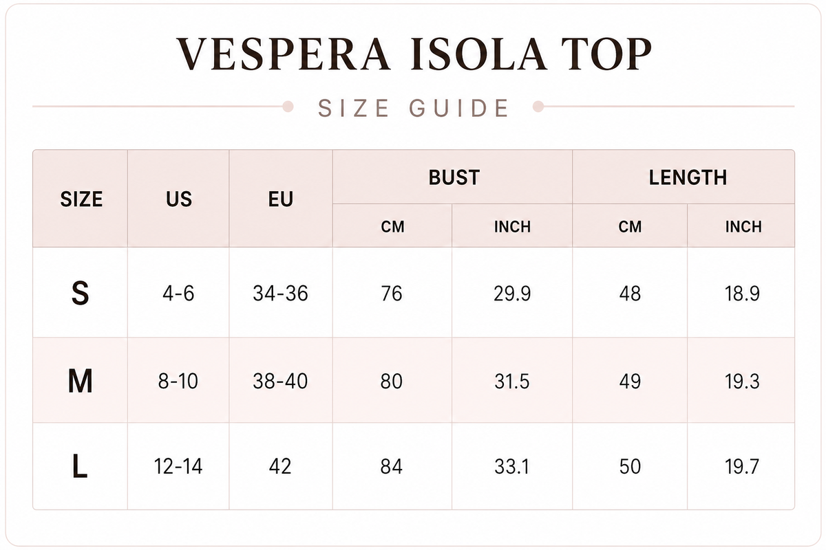 Vespera Isola Top Size Guide