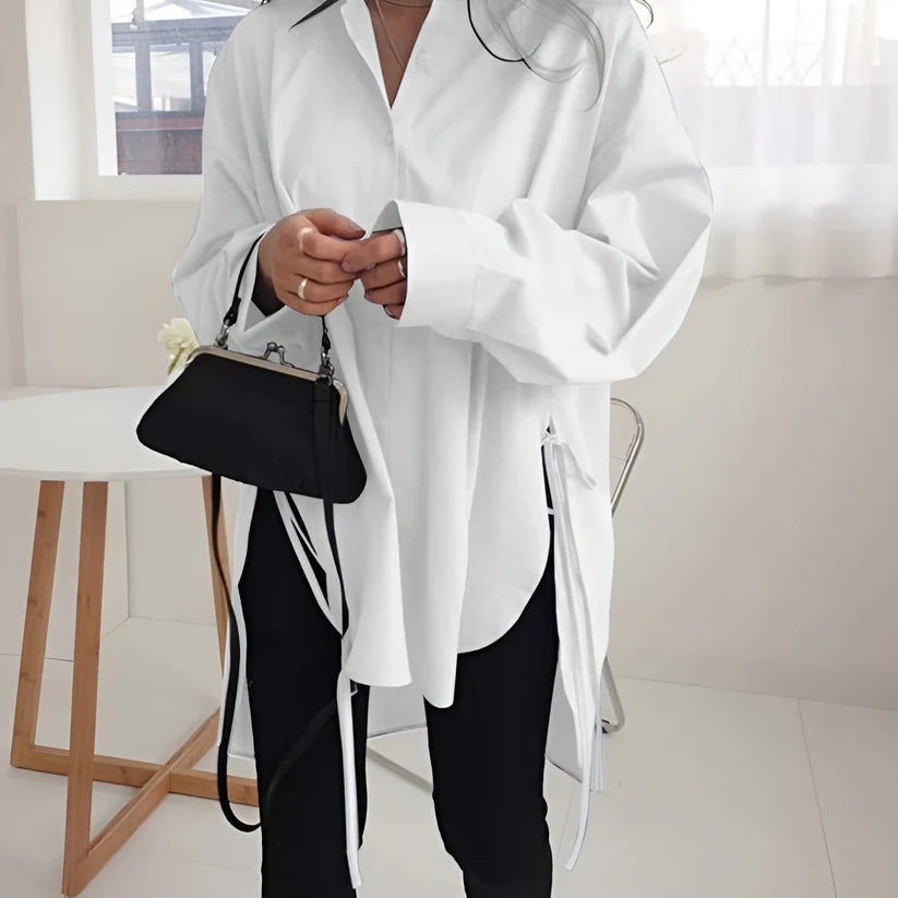 Model wearing Vespera Ivera Long Sleeve Top – loose, flowy top for women in minimalist autumn styling by Vespera The Label.