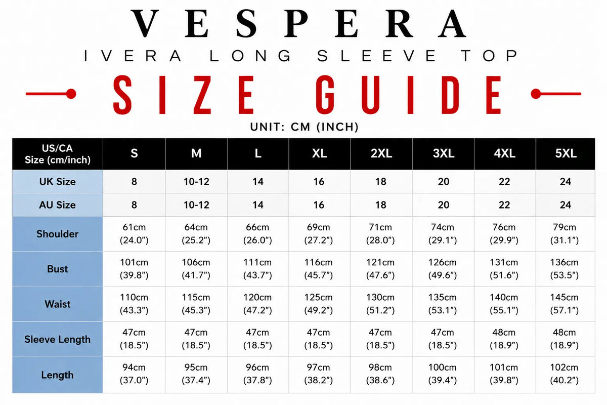 Vespera Ivera Long Sleeve Top Size Guide