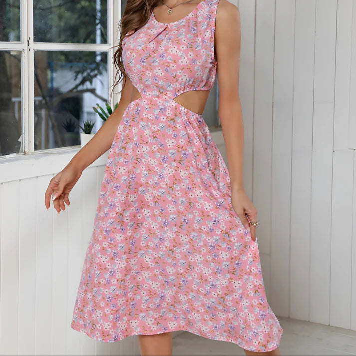 Model wearing Vespera Juno Midi Dress – relaxed fit summer midi dress with high stretch comfort by Vespera The Label.