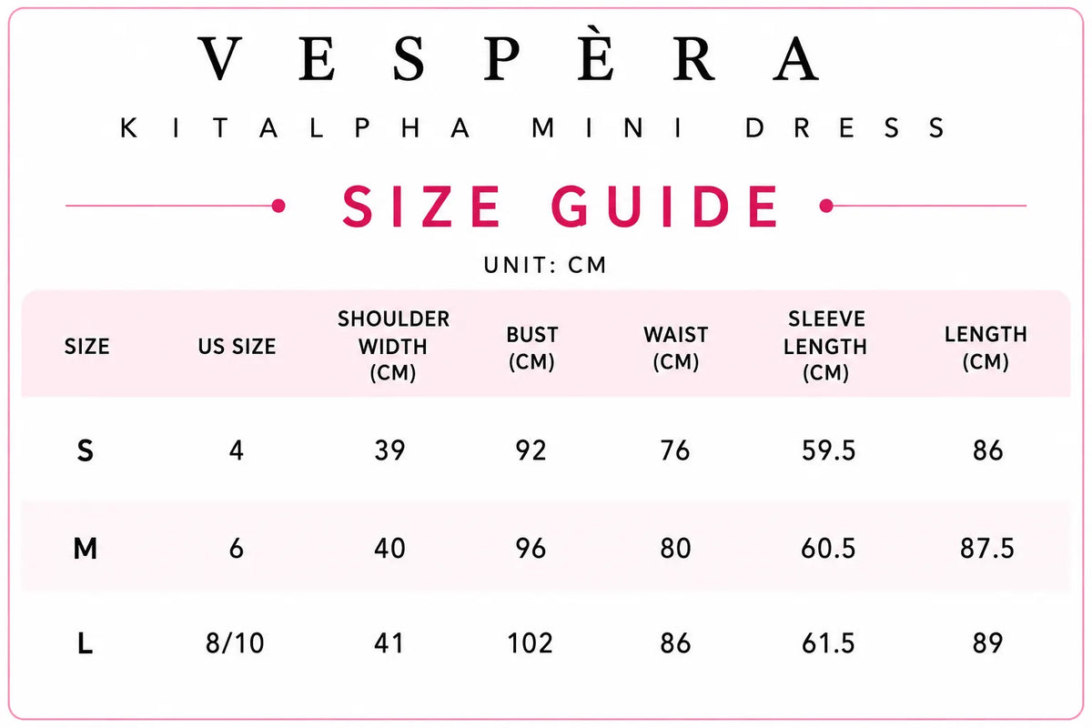 Vespera Kitalpha Mini Dress Size Guide