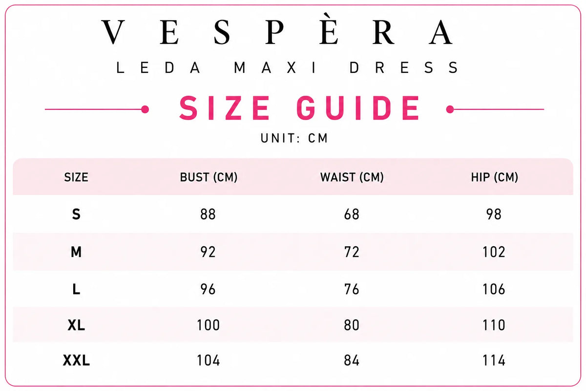 Vespera Leda Maxi Dress Size Guide