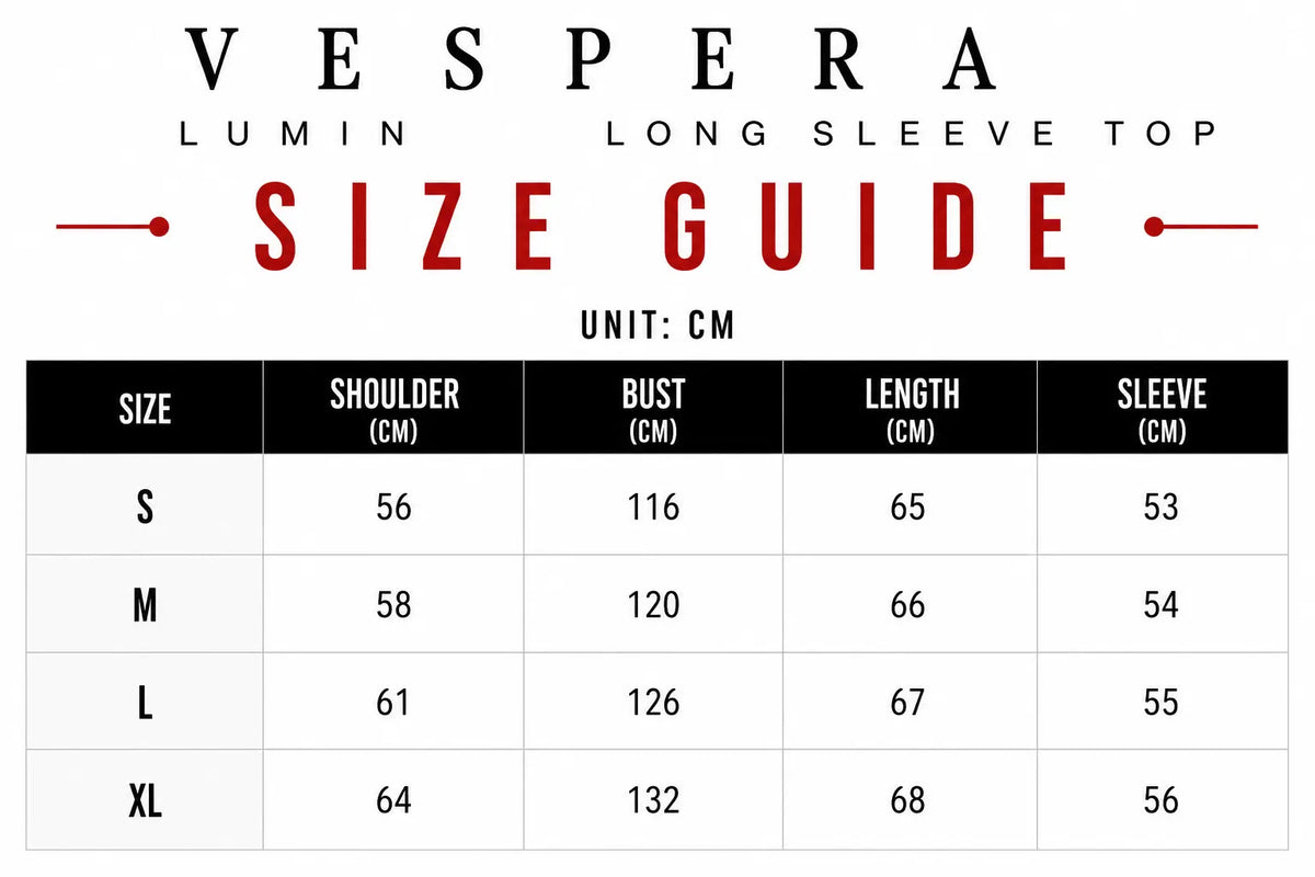 Vespera Lumin Long Sleeve Top Size Guide
